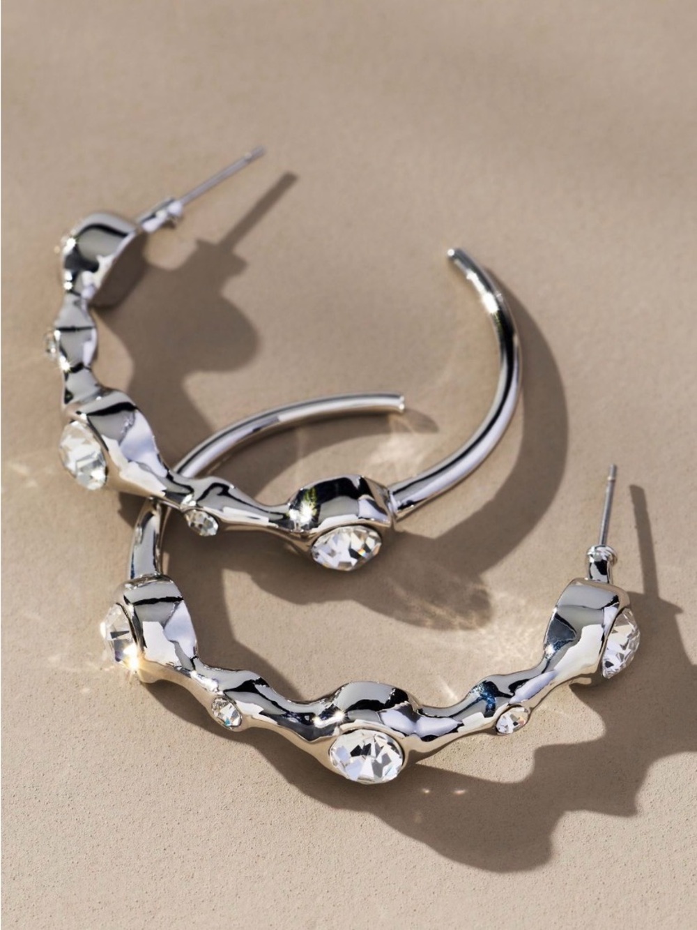 Anthropologie Crystal Squiggle Silver Hoop Earrings- Clear Crystals